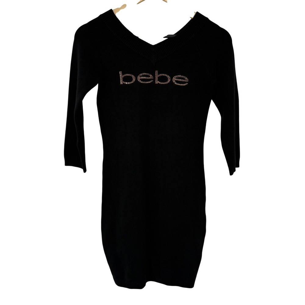 Bebe Womens Black Studded Logo V-Neck Ribbed Knit Mini Sweater Dress S Y2K‎